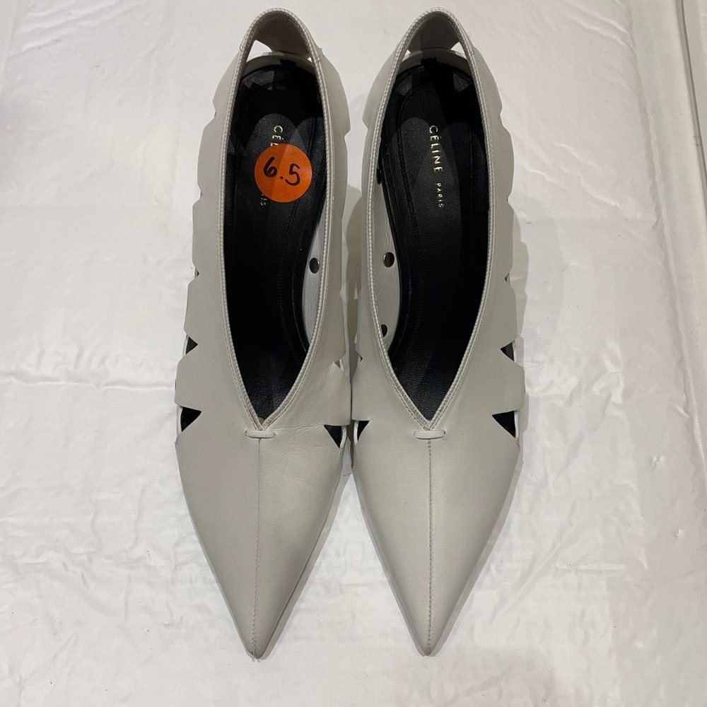 Celine Womens White Leather Pointed Toe Silver Studs Cutout Pump Heel Size 6.5